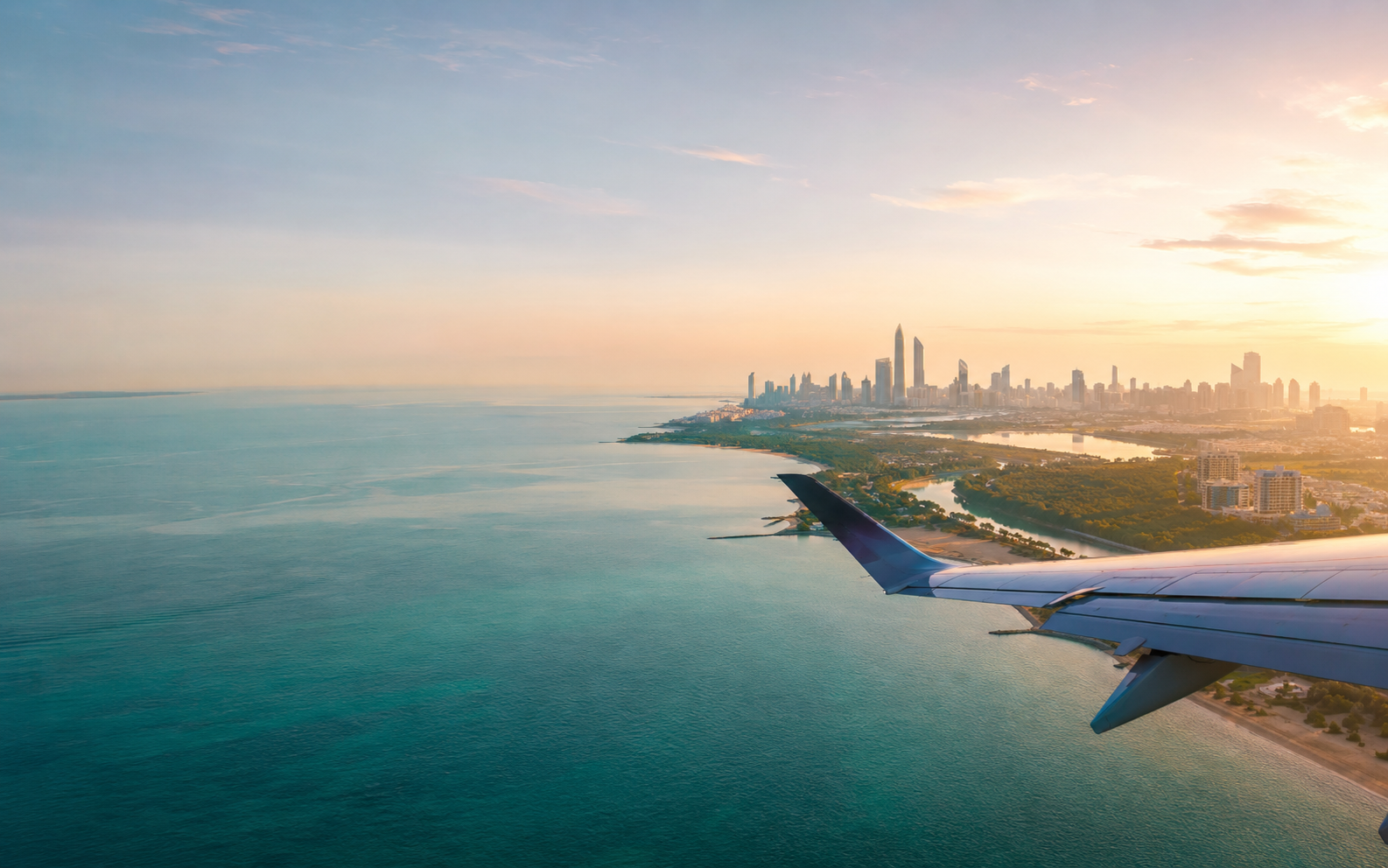 Aircraft approaching a global coastal city